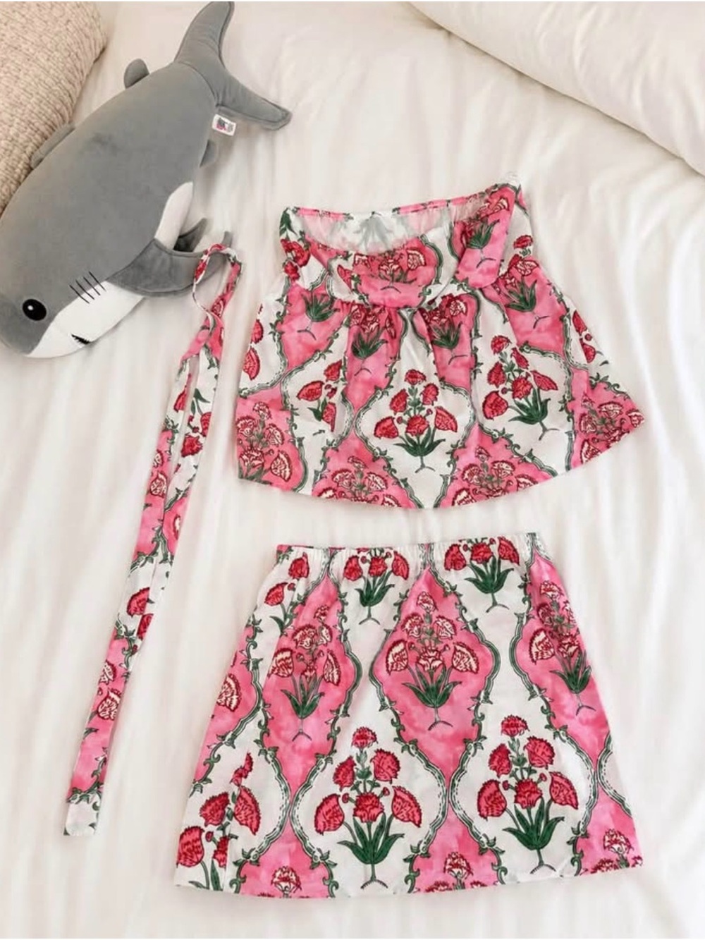 Pink Floral Two-Piece Crop Top and Skirt Set